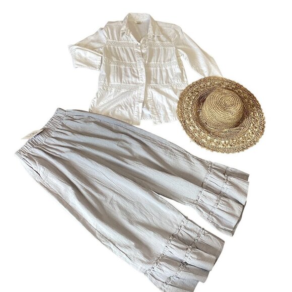 Beachy 3-Piece Set: Crop Ruffle Pant Linen Button-Up Top Sz S Seagrass Hat 329A - Picture 2 of 16